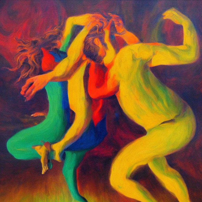 Abstract figures in vibrant dance with red, yellow, green, and blue colors