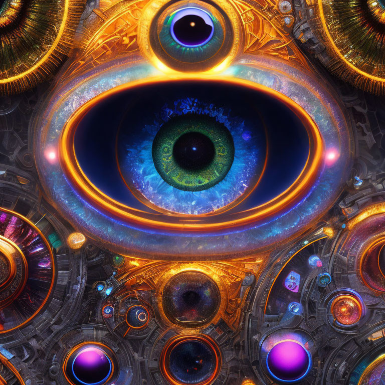 Detailed digital art: Intricate eye with mechanical elements and glowing orbs