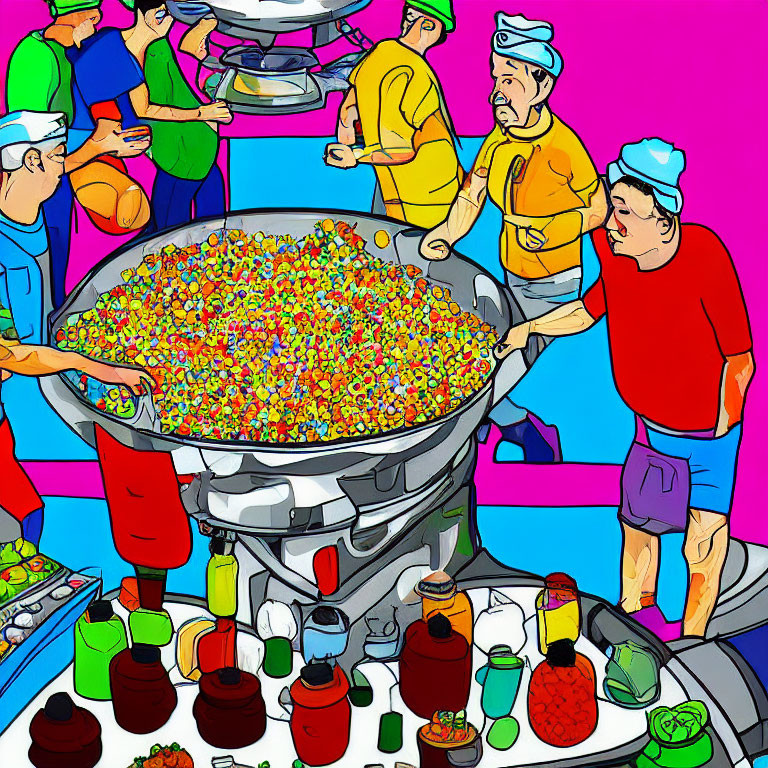 Colorful Cartoon Illustration of People Cooking Large Dish