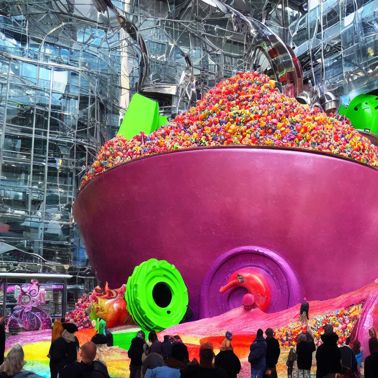 Colorful Spheres Overflowing from Oversized Bowl in Glass Building