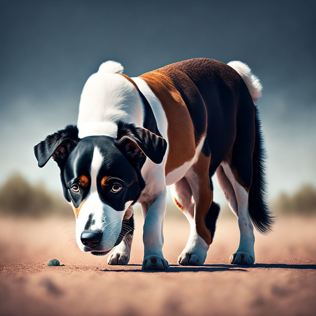 Tricolor dog with white, brown, and black coat observing something on the ground