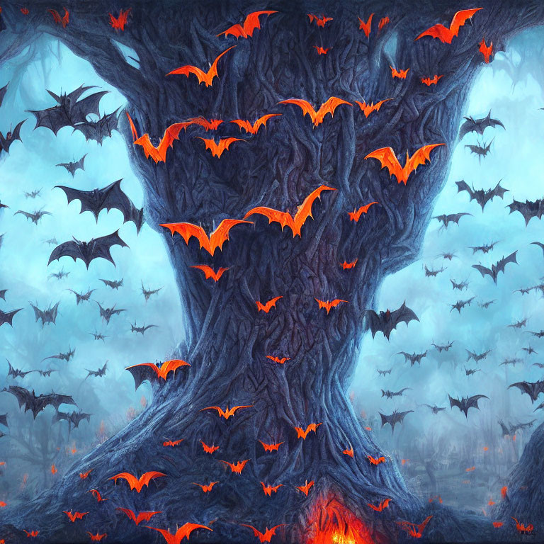 Glowing orange-winged bats in mystical blue forest