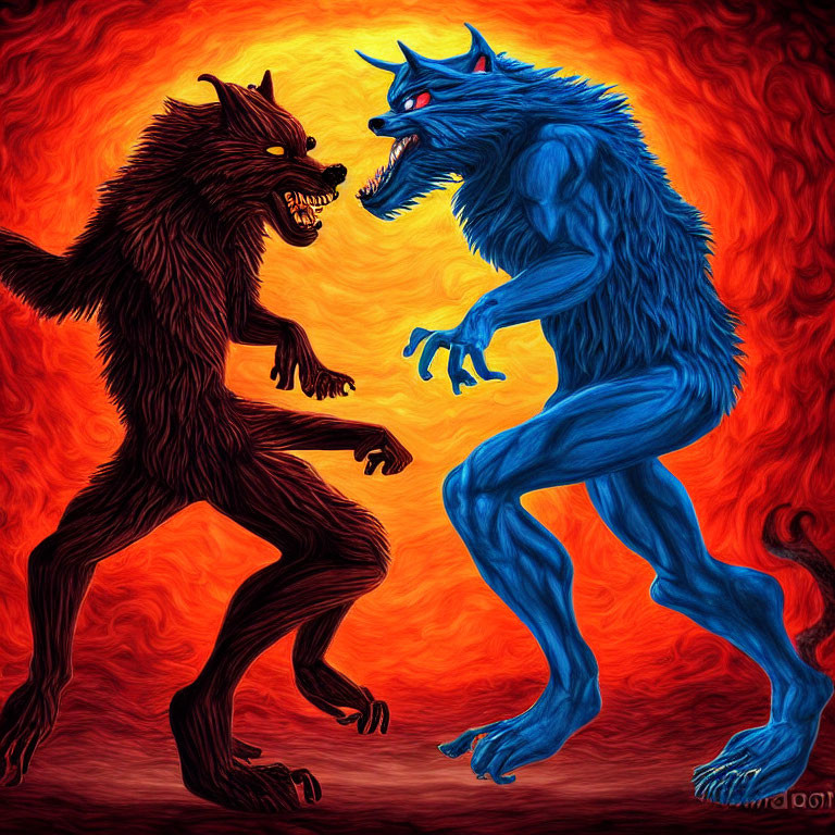 Vibrant Red and Blue Werewolves in Intense Confrontation