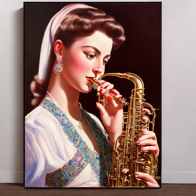 Stylish woman playing saxophone in vibrant classic painting