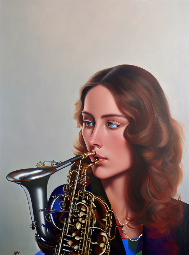 Brown Curled Woman Playing Saxophone with Intense Gaze