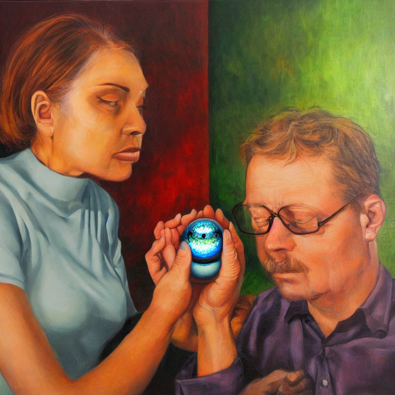 Two people inspecting a glowing blue orb against green and red background