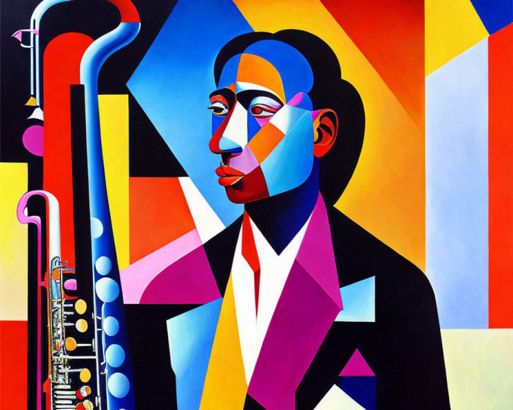 Vibrant Cubist Painting of Person with Saxophone