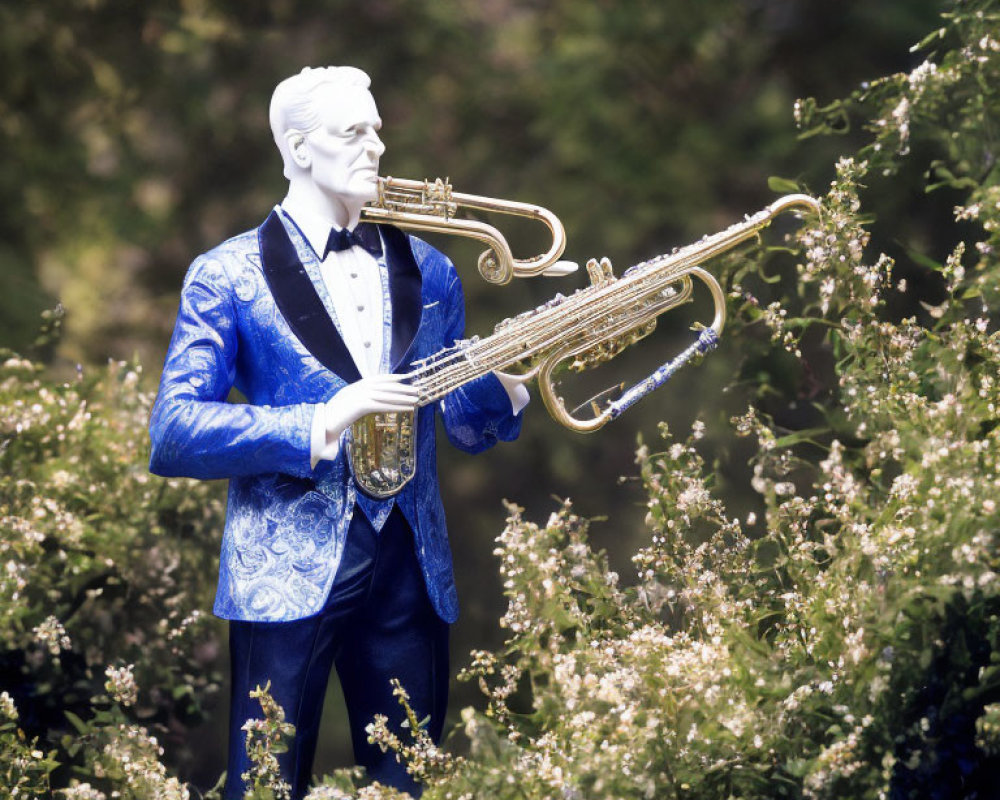 Performer in Blue Suit Playing Golden Trumpet Among Blooming Bushes