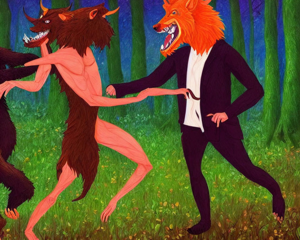 Anthropomorphic wolves in suit and naked face off in forest.