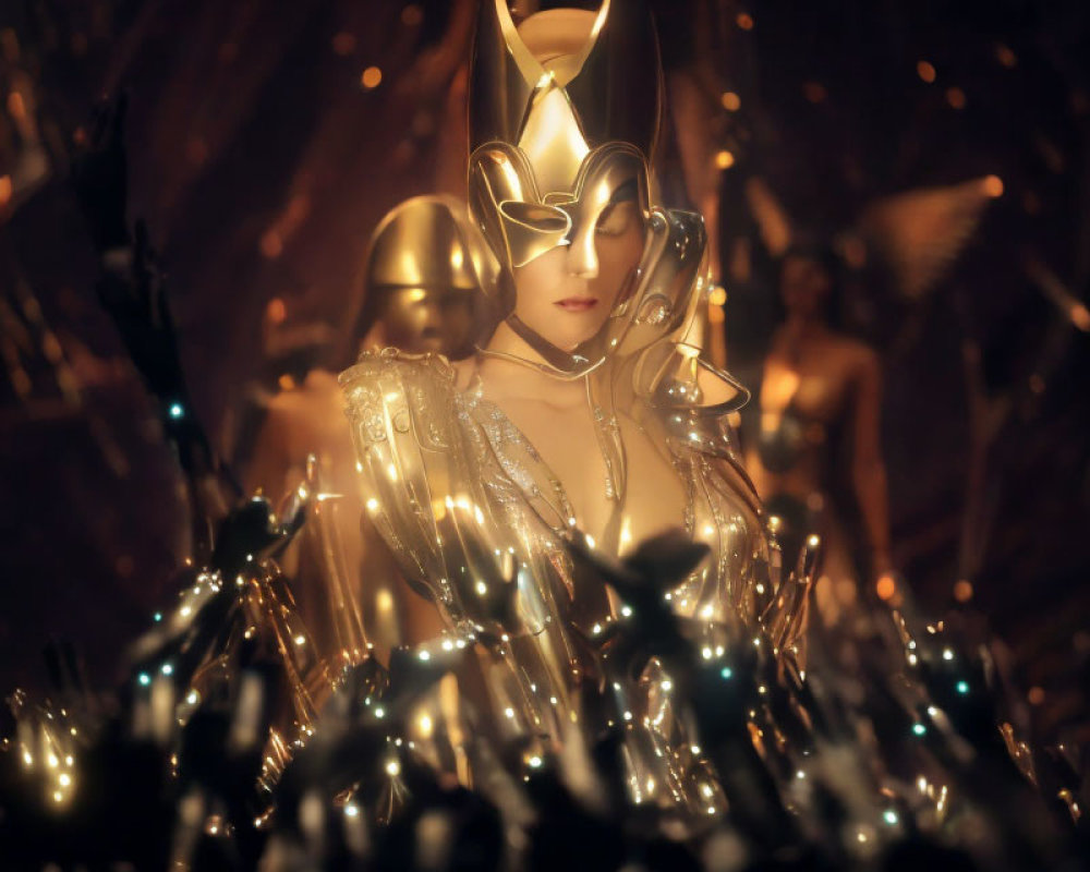 Golden armored female figure in ornate helmet amidst glowing elements and crowd in warm-lit scene