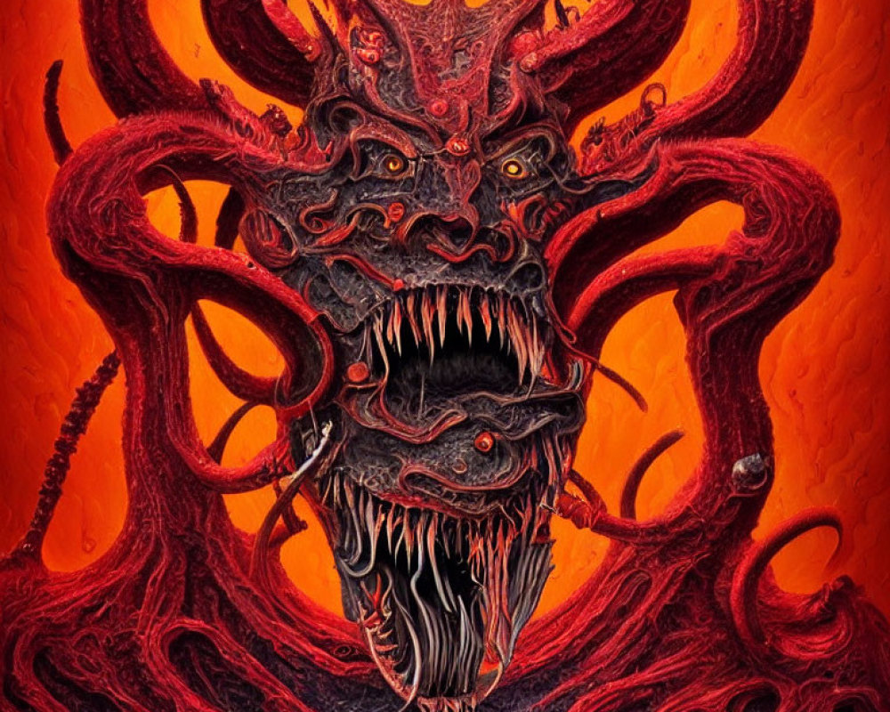 Vivid red demon with multiple horns and eyes, menacing expression