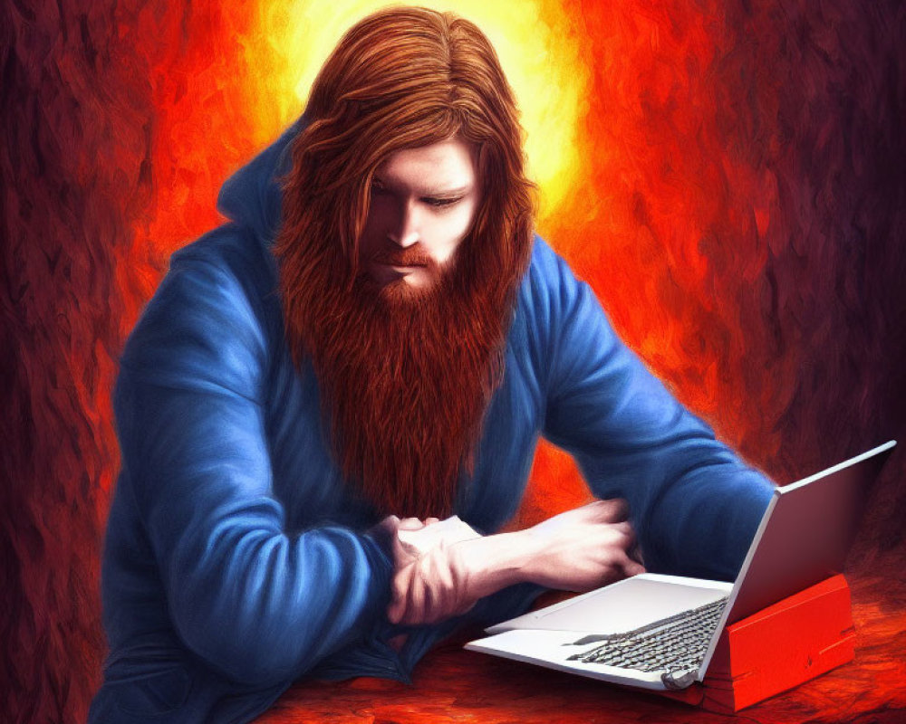 Bearded person in blue hoodie working on laptop against fiery backdrop