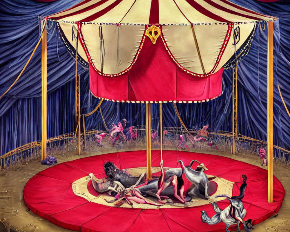 Fantastical creatures perform in illustrated circus ring