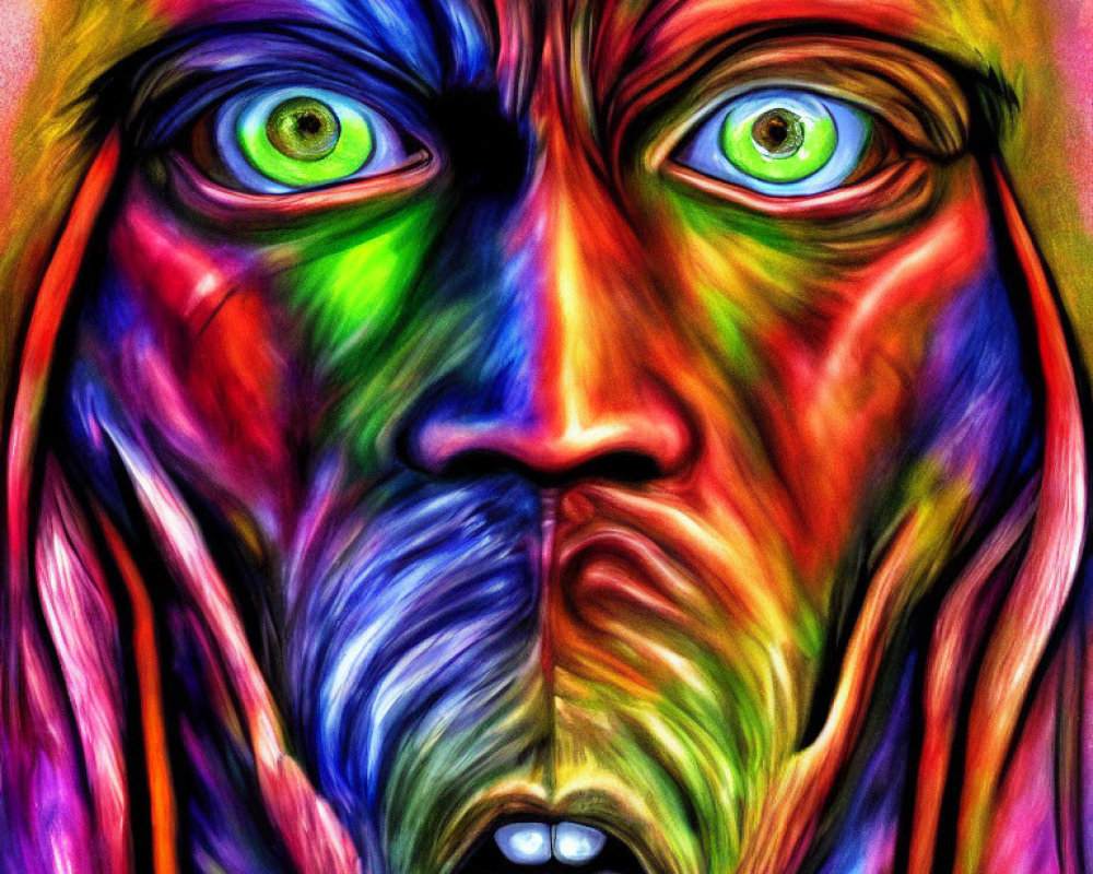 Vivid portrait with intense green eyes and abstract multicolored brushstrokes