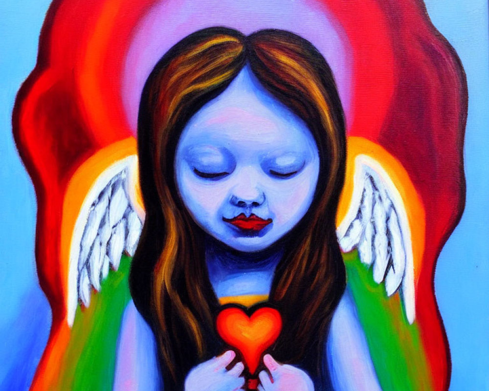 Colorful painting of angel with wings holding heart on rainbow background