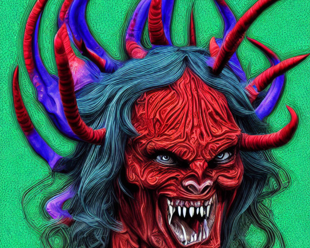 Vivid digital artwork: Red demonic creature with curled horns on green background