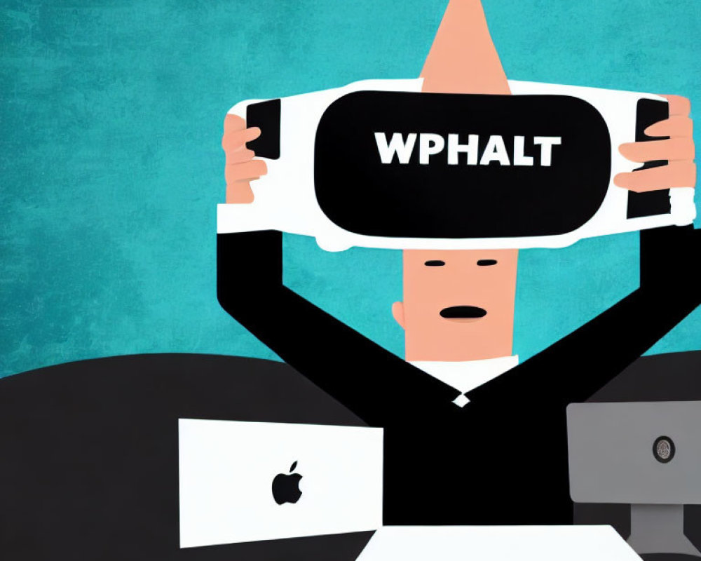 Business suit character holding VR headset with "WPHALT" text by computer with apple logo