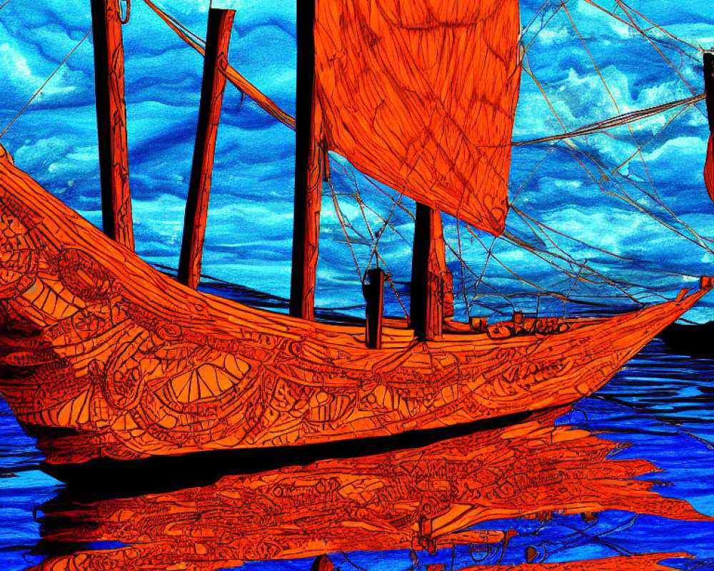 Vibrant orange sailboat on deep blue sea with intricate designs