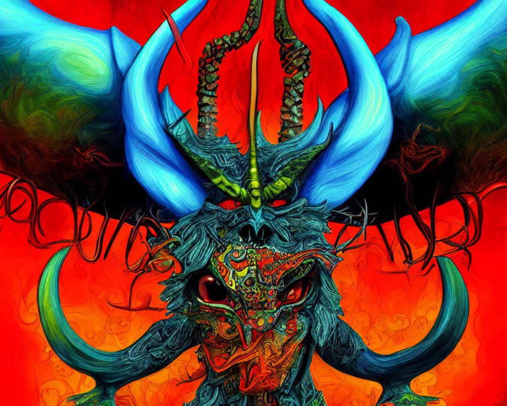 Fantastical creature with blue horns and green eyes in digital artwork