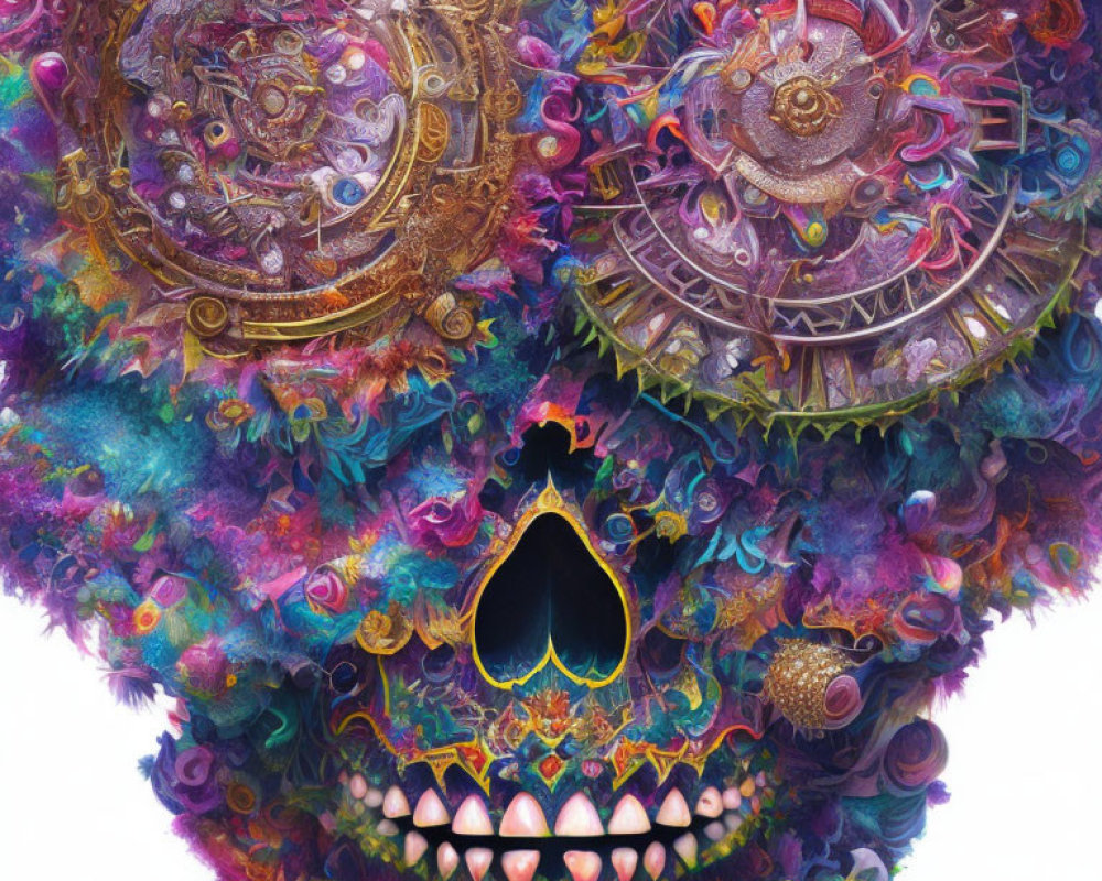 Colorful Psychedelic Skull Illustration with Gears and Floral Patterns