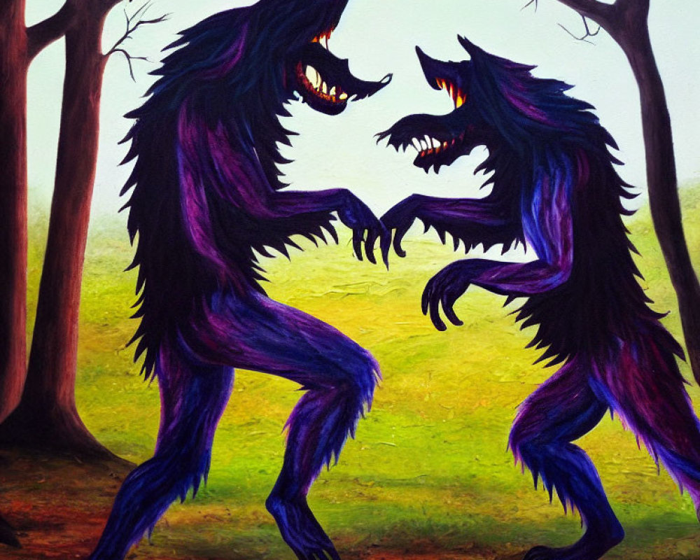 Stylized wolf-like creatures with fiery eyes in purple forest scene