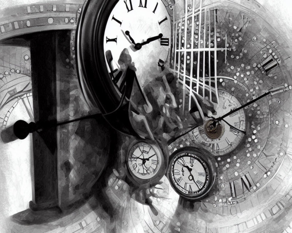 Abstract monochromatic art: Overlapping clocks of various sizes and styles depict chaotic, distorted time.