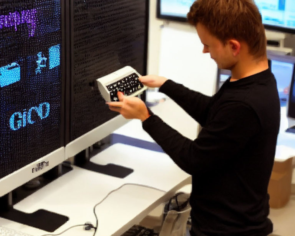 Man in casual shirt using handheld device at desk with digital graphics on monitors