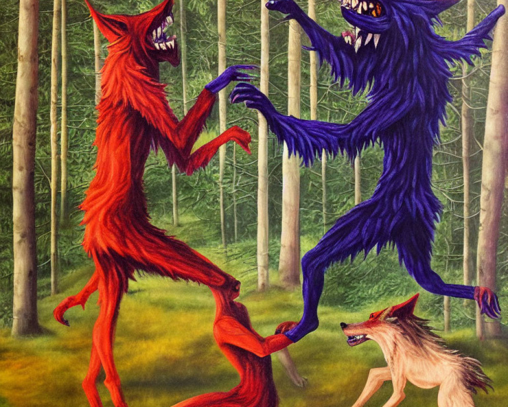 Anthropomorphic red and blue wolves fighting in forest with natural-colored wolf watching