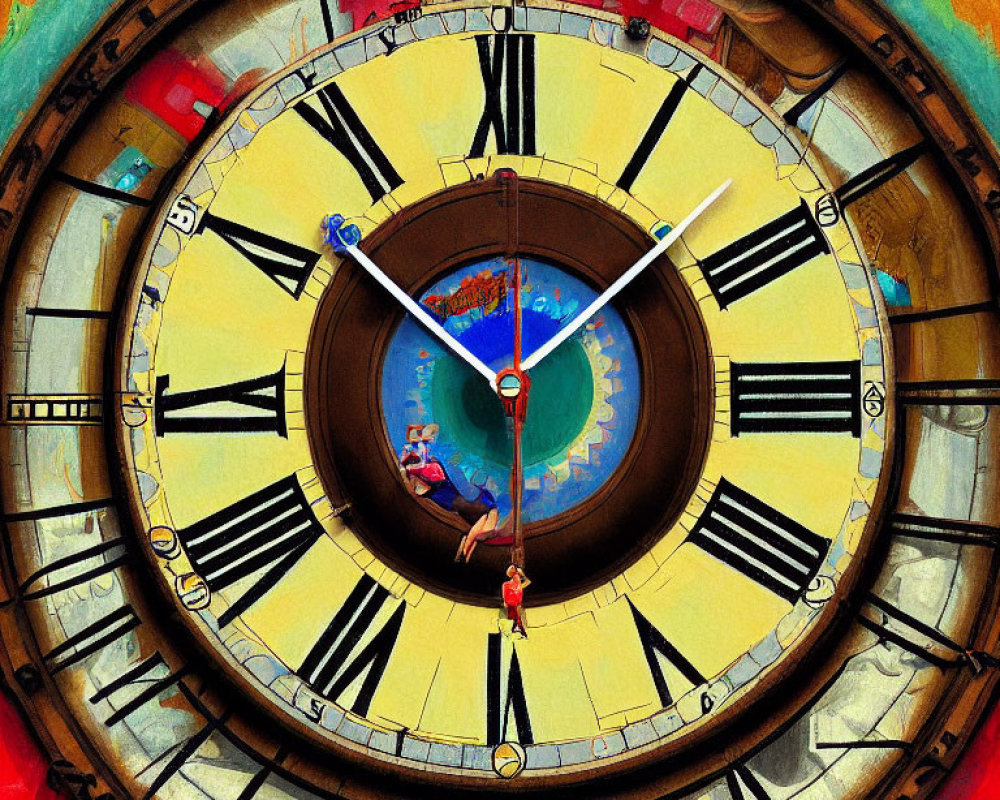 Colorful surreal clock face with people on hands against artistic backdrop