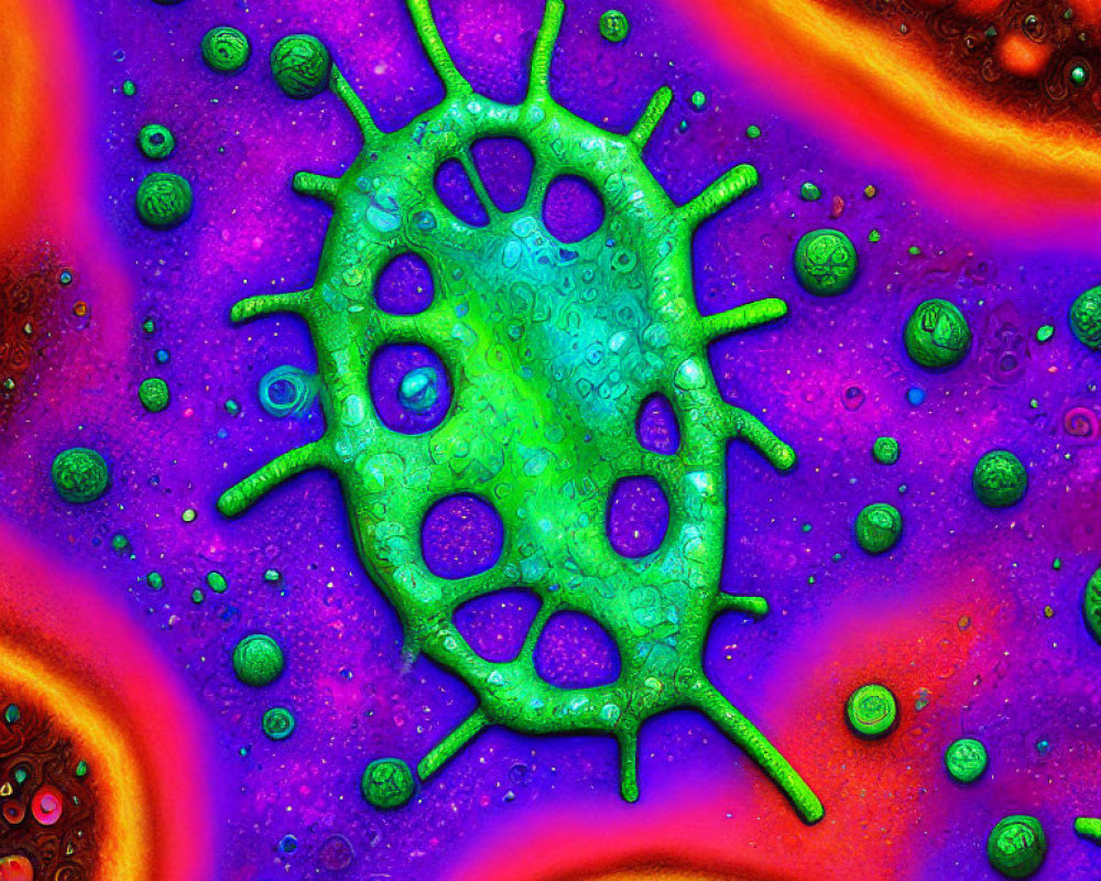 Colorful Digital Artwork of Green Virus Cell in Red and Purple Background