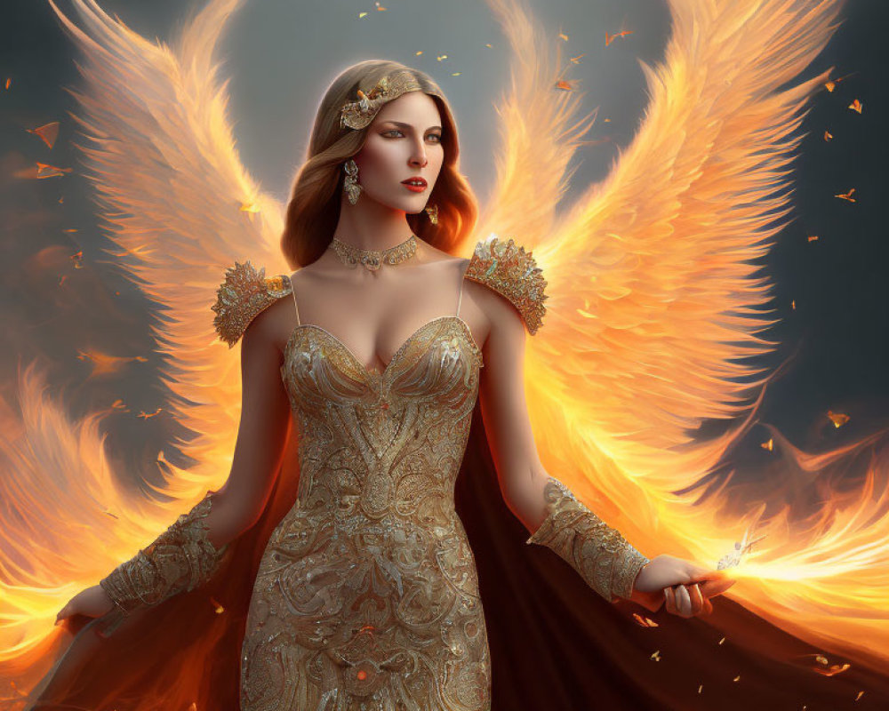 Elaborate golden dress woman with fiery wings in phoenix-like pose.