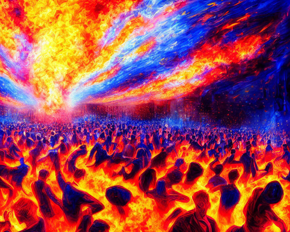 Abstract painting of large crowd in blue tones against fiery sky