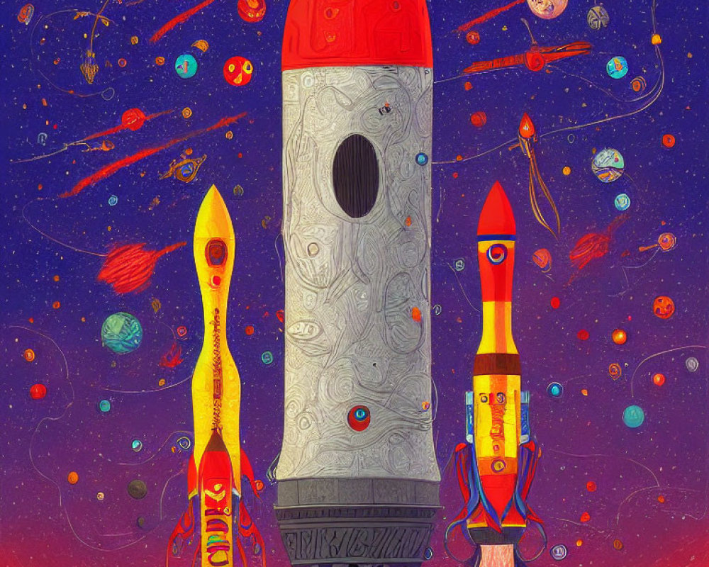 Vibrant illustration of three rockets in colorful space