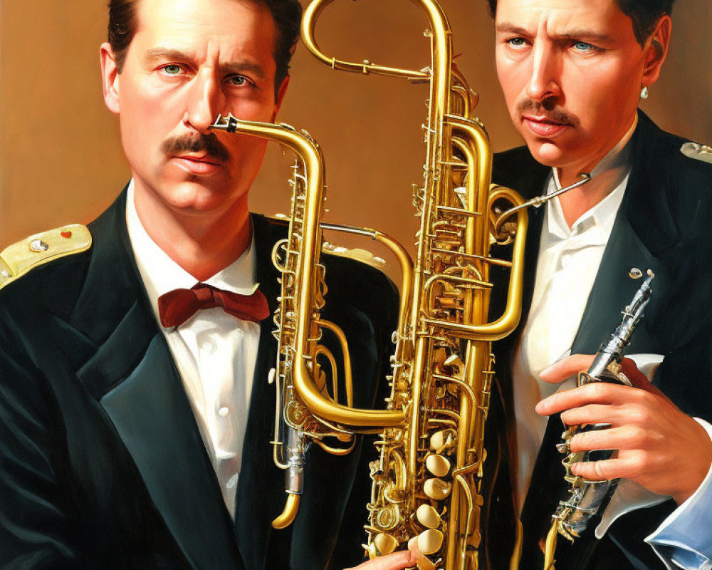 Realistic painting of identical twins in formal attire with tuba and clarinet under warm light