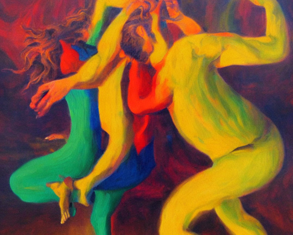 Abstract figures in vibrant dance with red, yellow, green, and blue colors