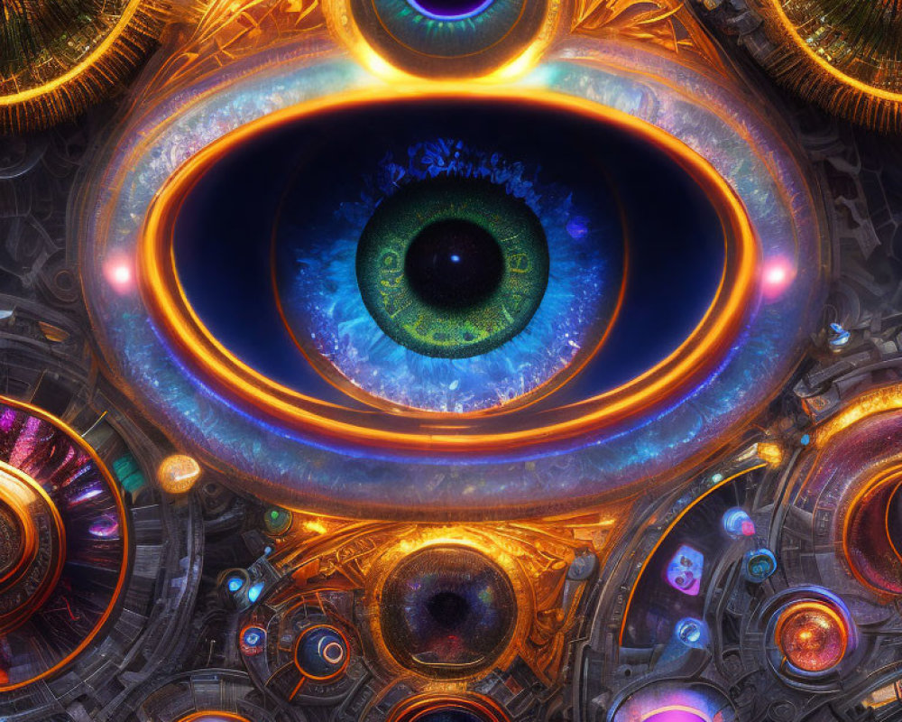 Detailed digital art: Intricate eye with mechanical elements and glowing orbs