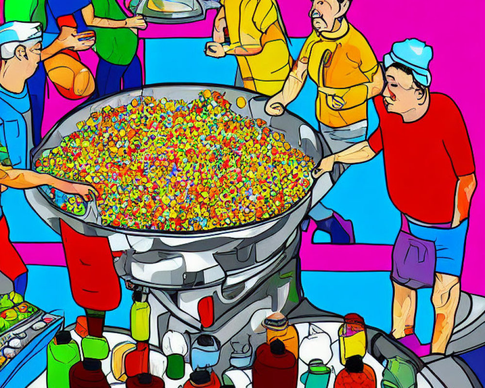 Colorful Cartoon Illustration of People Cooking Large Dish