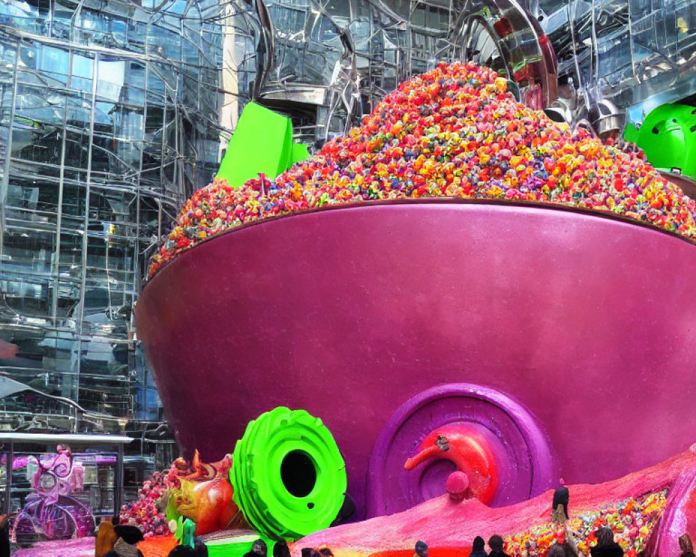 Colorful Spheres Overflowing from Oversized Bowl in Glass Building