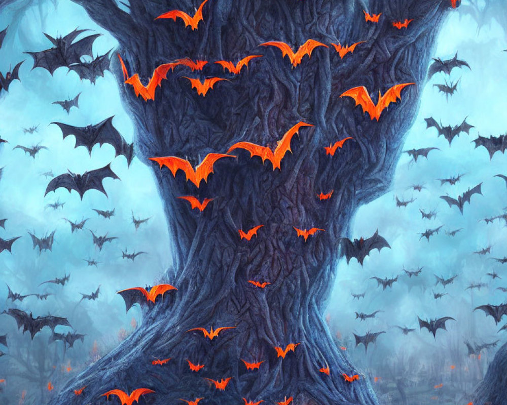 Glowing orange-winged bats in mystical blue forest