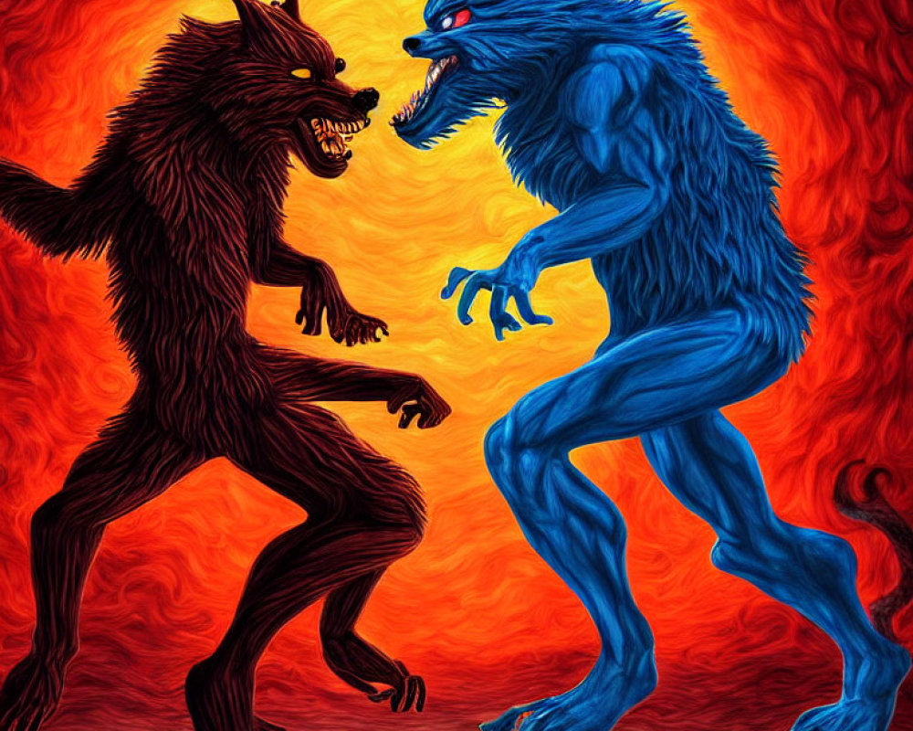 Vibrant Red and Blue Werewolves in Intense Confrontation