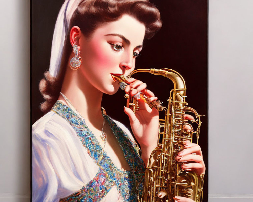 Stylish woman playing saxophone in vibrant classic painting