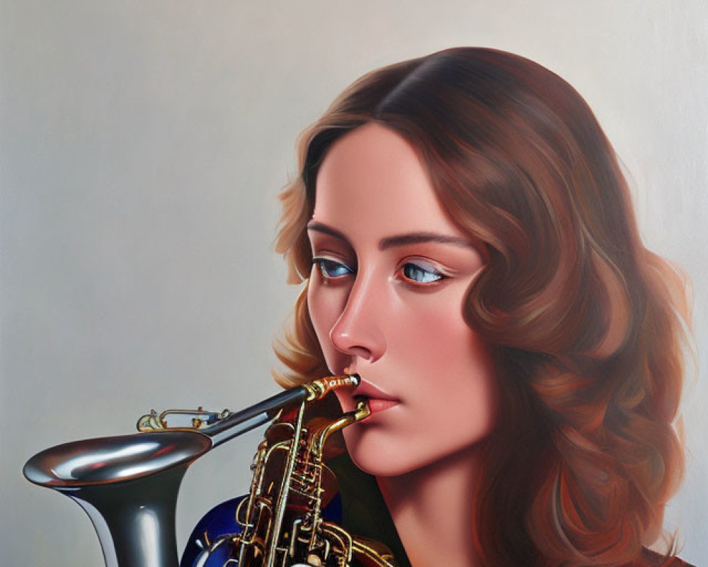 Brown Curled Woman Playing Saxophone with Intense Gaze