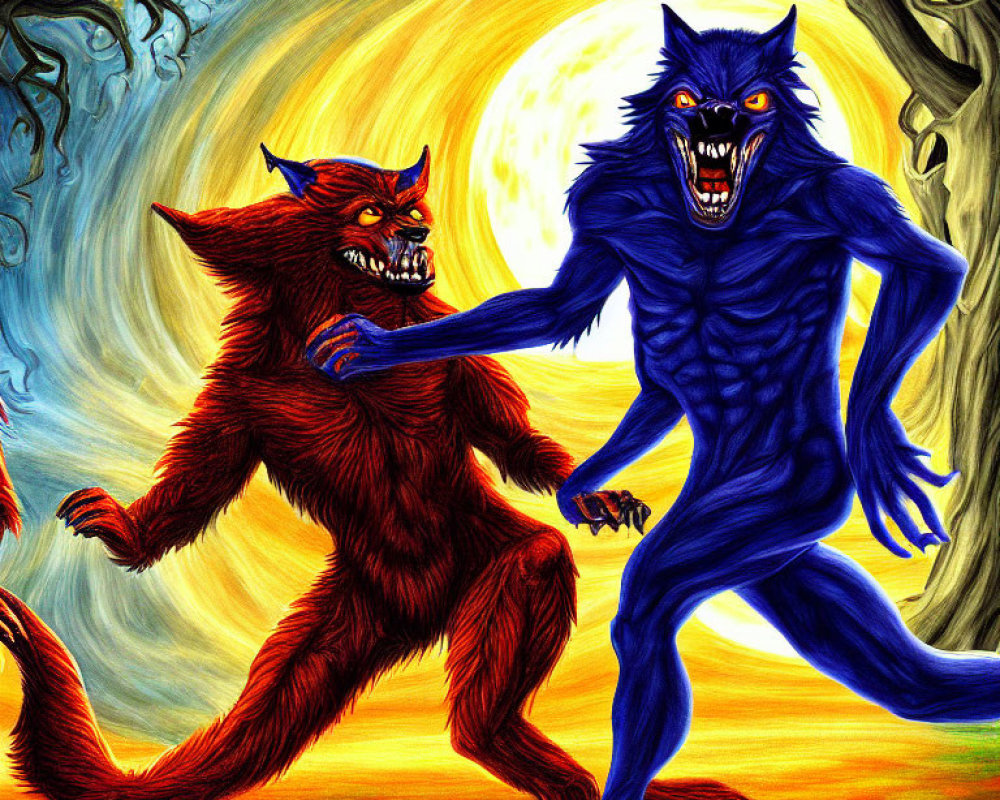 Vibrant red and blue werewolf-like creatures under a full moon among twisted trees