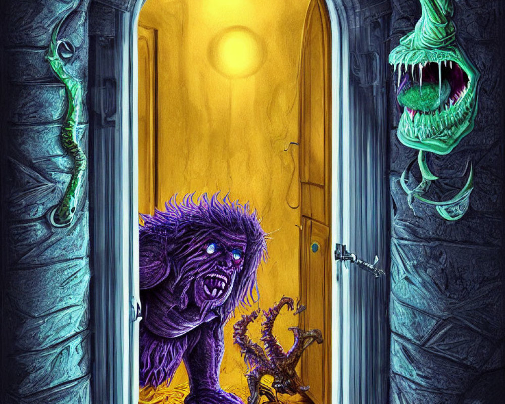 Furry monster in doorway with snake-like creature looming overhead