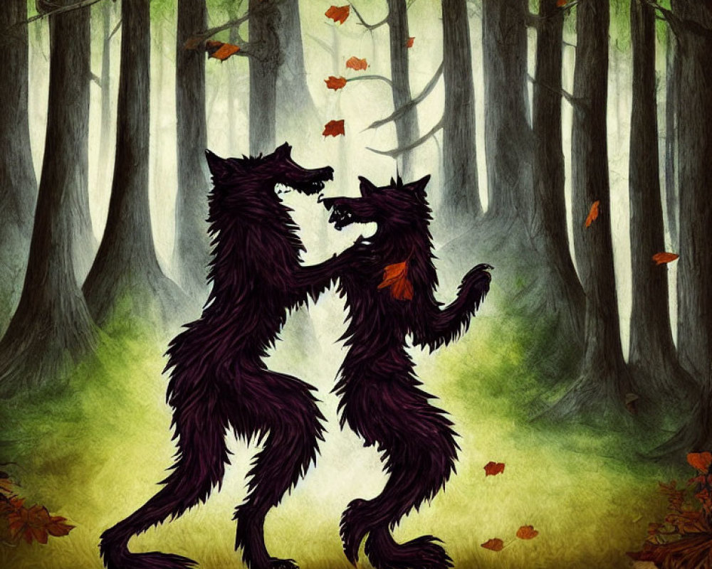 Black wolves mirroring each other in forest setting with falling autumn leaves