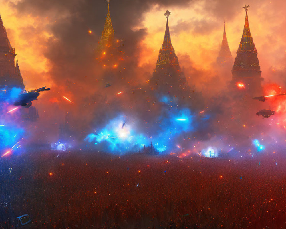 Crowd at dusk with orange flames, blue lights, and helicopters near pointed towers