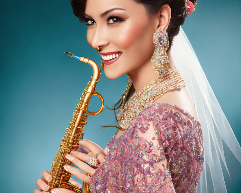 Smiling woman in bridal attire with saxophone on blue backdrop