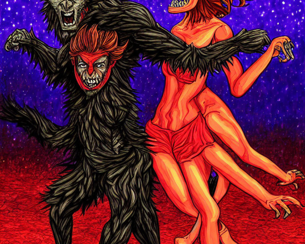 Three aggressive werewolf-like creatures under starry night sky