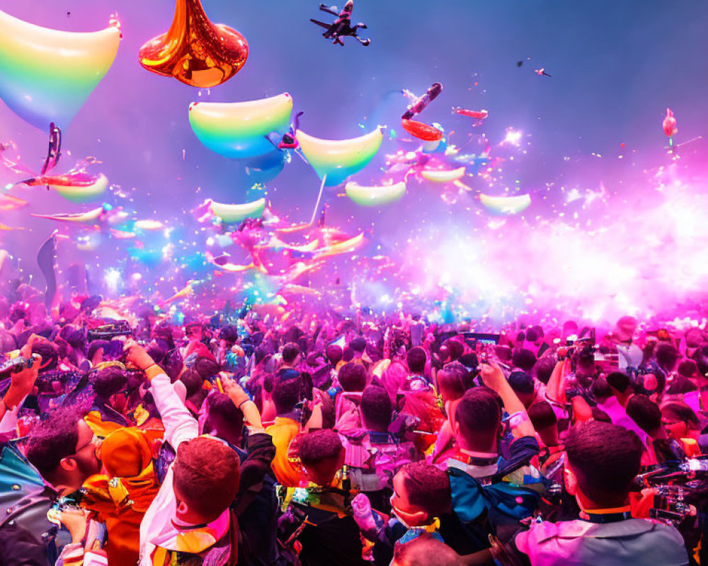 Colorful festival crowd with confetti, balloons, and joyful atmosphere