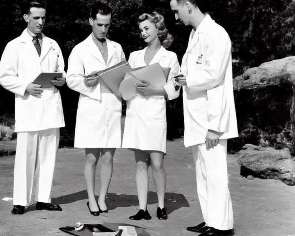 Group of Four People in Lab Coats Examining Documents Outdoors